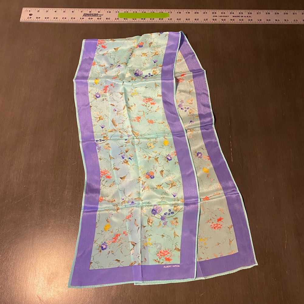 Albert Nipon Vintage Floral Scarf Aqua Blue Purple Border Oblong Light 46x10
